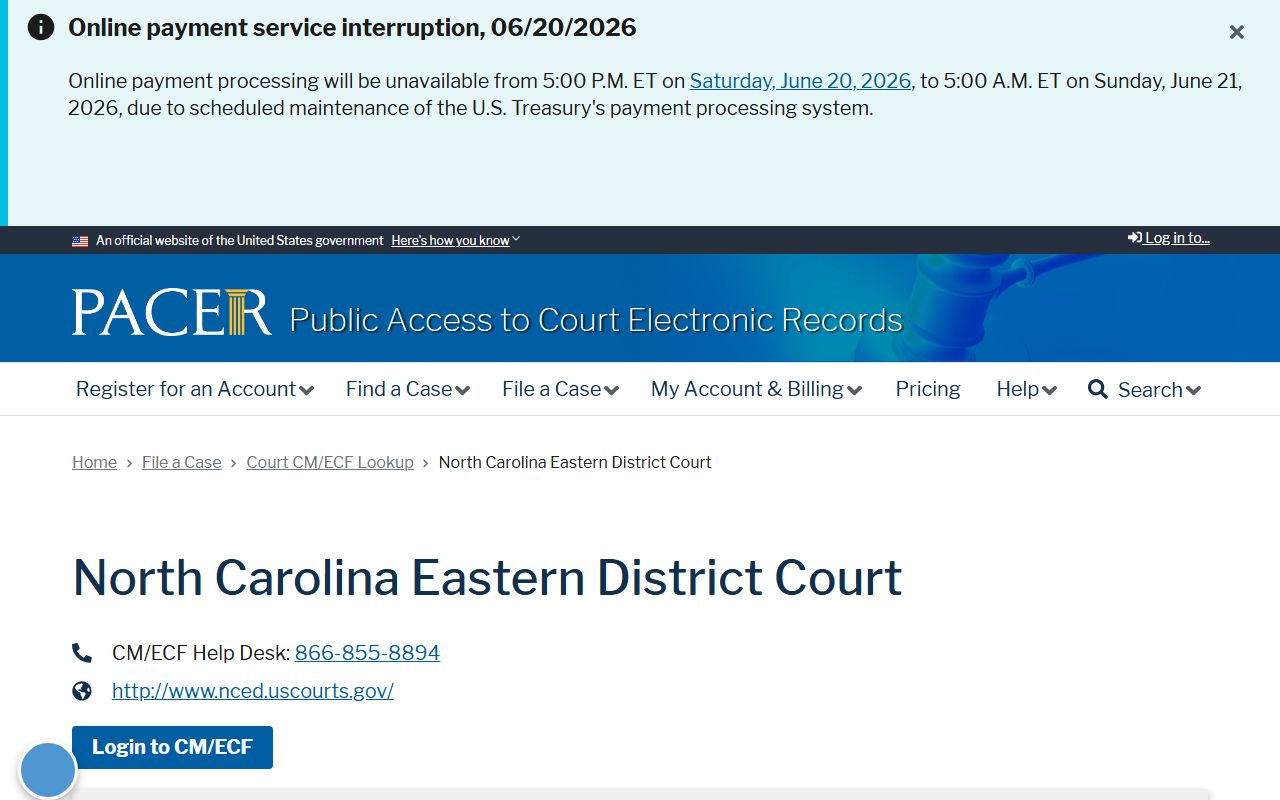 PACER court lookup entry for the Eastern District of North Carolina