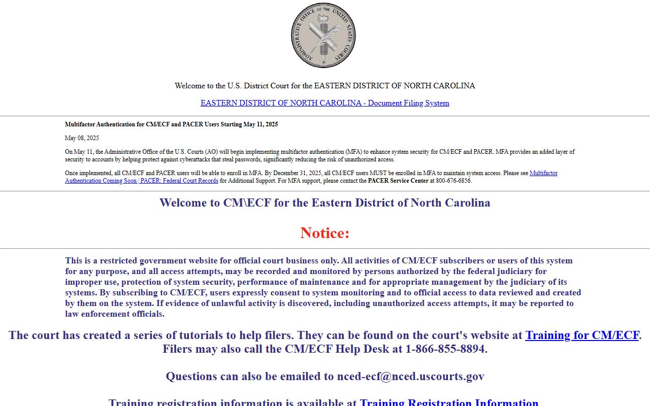 Eastern District of North Carolina CM/ECF login page for federal case access