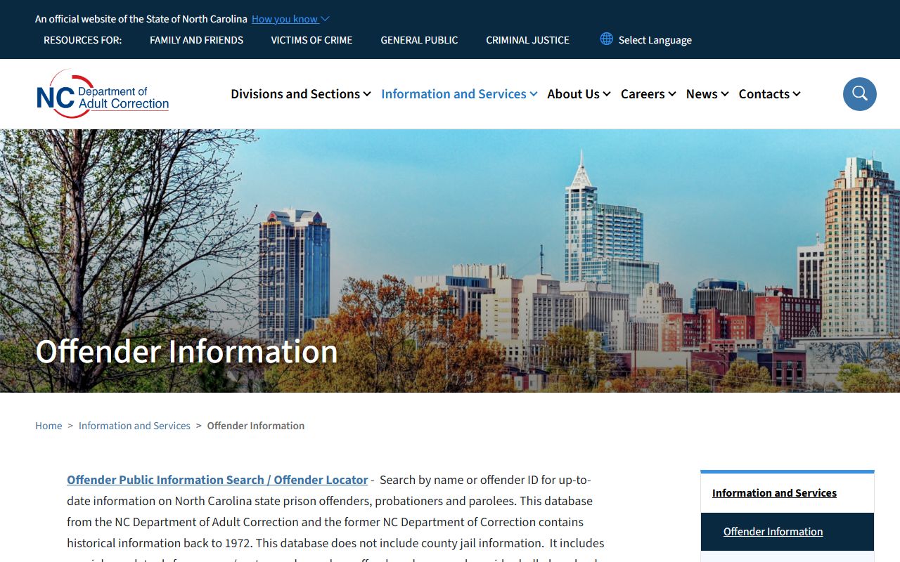 N.C. Department of Adult Correction offender search information for statewide custody and supervision records