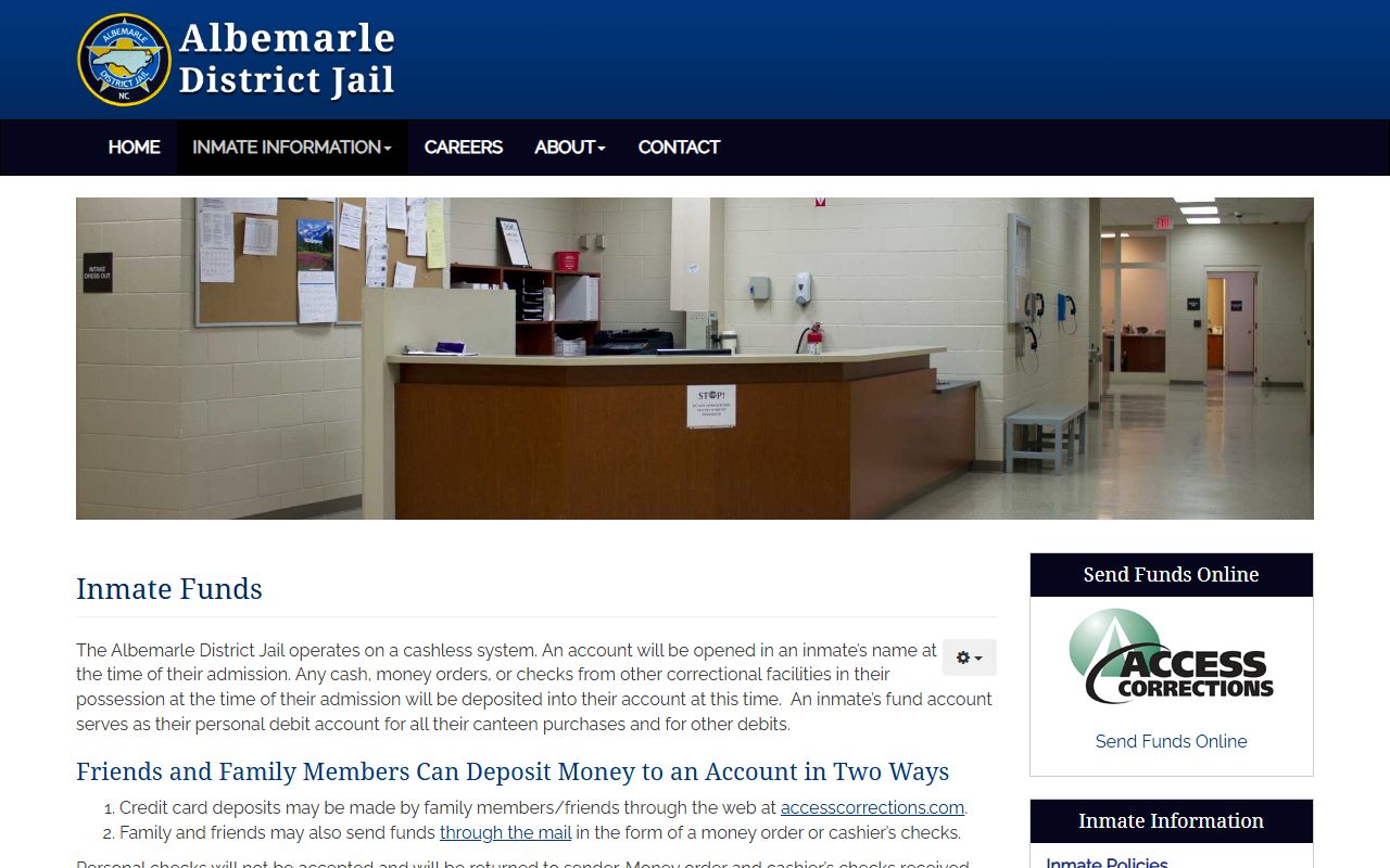 Albemarle District Jail inmate funds and Access Corrections information
