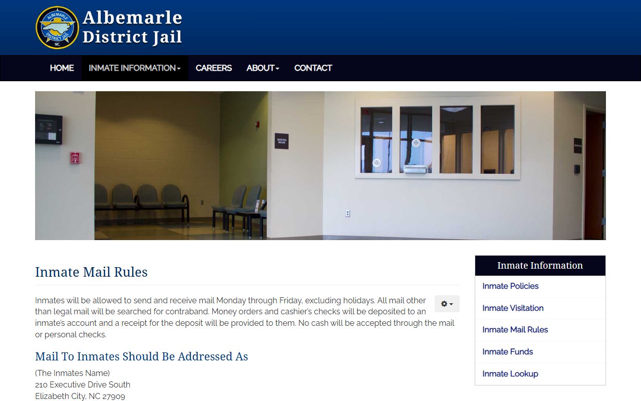Albemarle District Jail inmate mail rules page