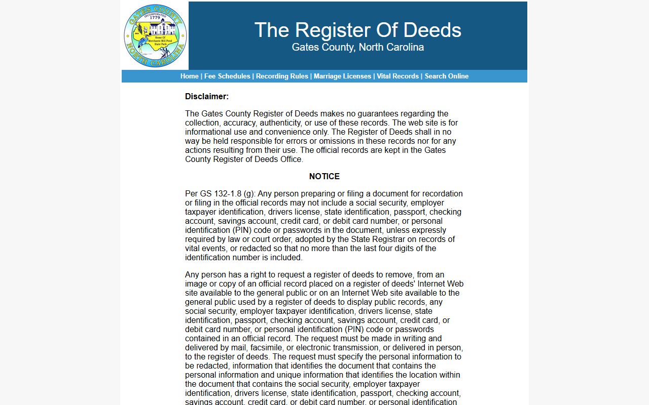 Gates County marriage records Register of Deeds online search disclaimer