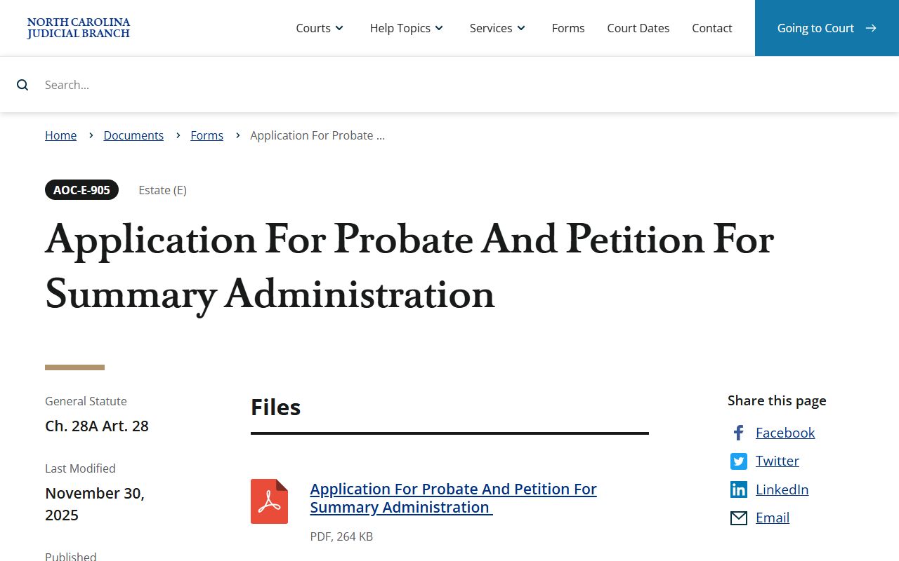 Gates County probate records Application for Probate and Summary Administration form