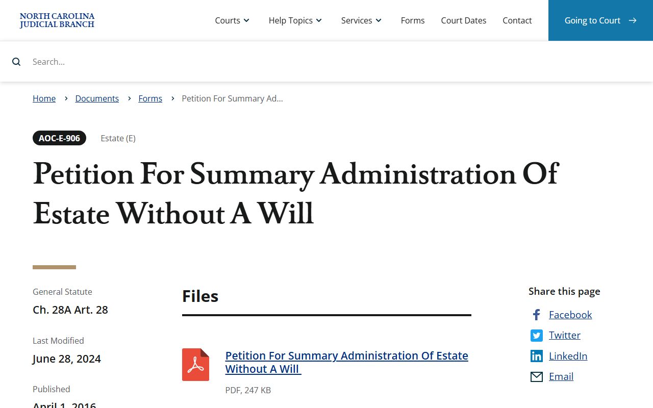 Gates County probate records Petition for Summary Administration Without a Will form