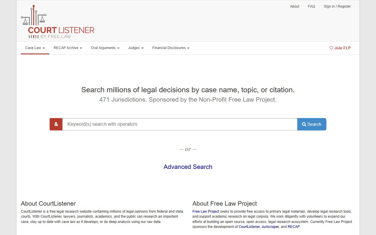 CourtListener federal and court docket research homepage