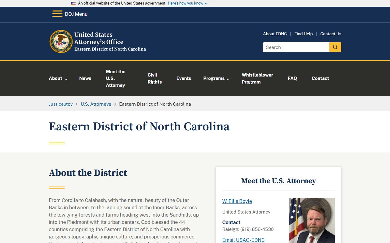 U.S. Attorney Eastern District of North Carolina page for federal prosecution information